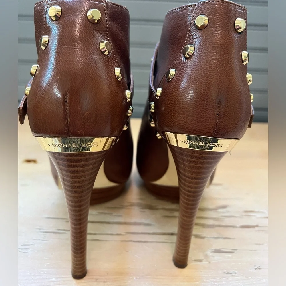 Michael Kors Women Ailee Brown Ankle Boots Size 7 M Open Toe Peep Gold Studded